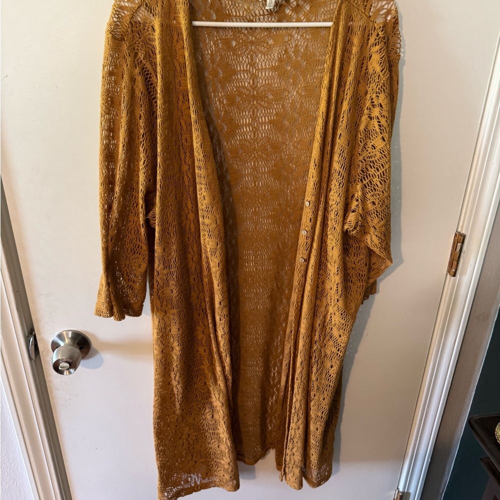 Maurices Mustard Crochet Summer Long Line Cardigan
